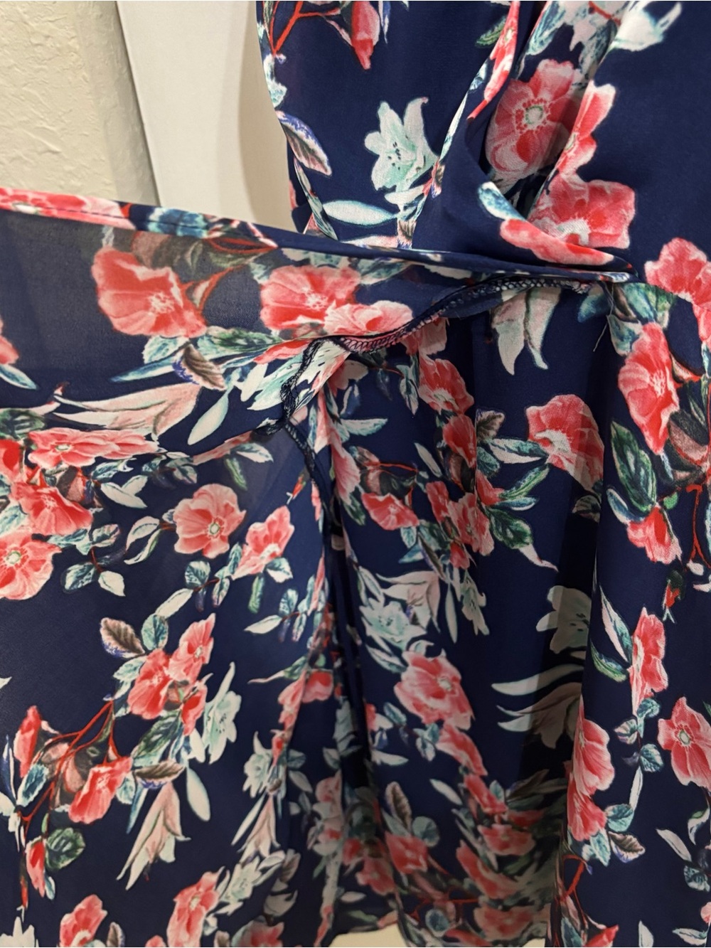 Parker NY Navy Blue Floral Faux Wrap Mini Dress - Size Large - Picture 4 of 6
